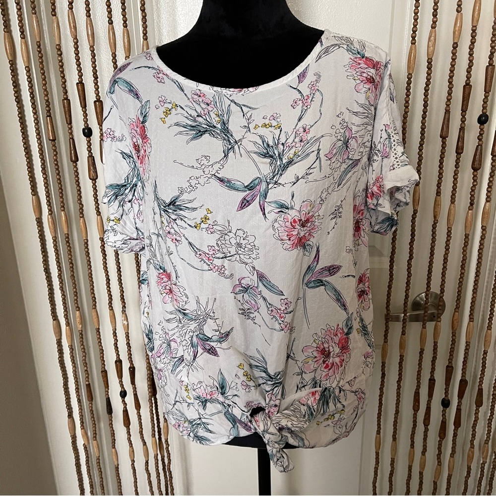 Buffalo David Britton Tie Front Scoop Neck Floral Short Sleeve Top L Whi…